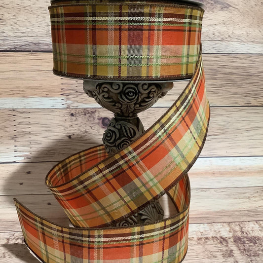 2.5" x 5 Yards Fall Wired Ribbon - Yellow, Orange, Brown And Green Plaid Ribbon - Ribbon For Bows, Wreaths And Home Decor