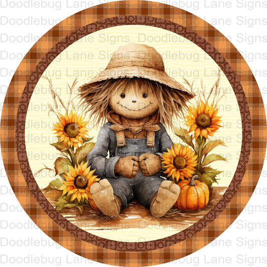 Fall Wreath Sign - Scarecrow Sign- Fall Plaid - Pumpkins And Sunflowers - Round Wreath Sign - Metal Wreath Signs