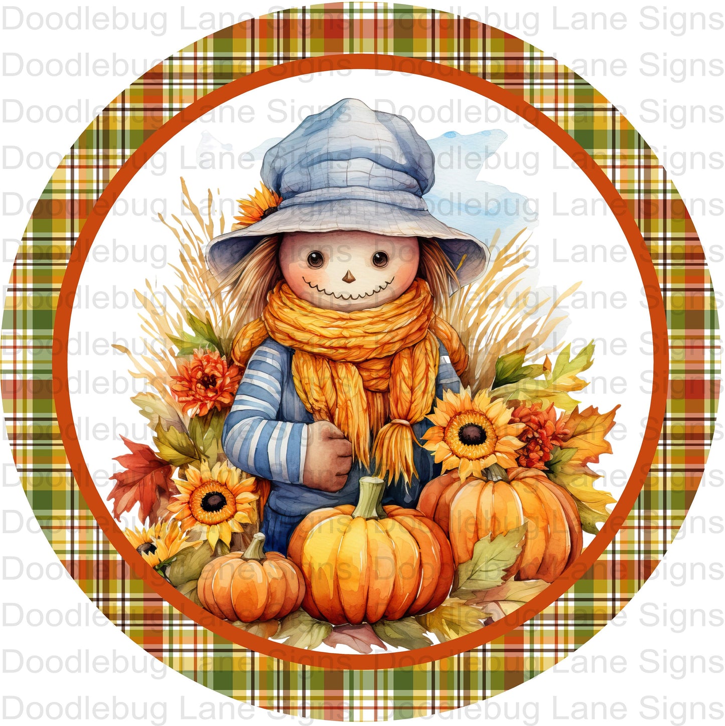 Fall Wreath Sign - Scarecrow Wreath Sign - Pumpkins And Sunflowers - Fall Plaid - Round Wreath Sign-Metal Wreath Sign