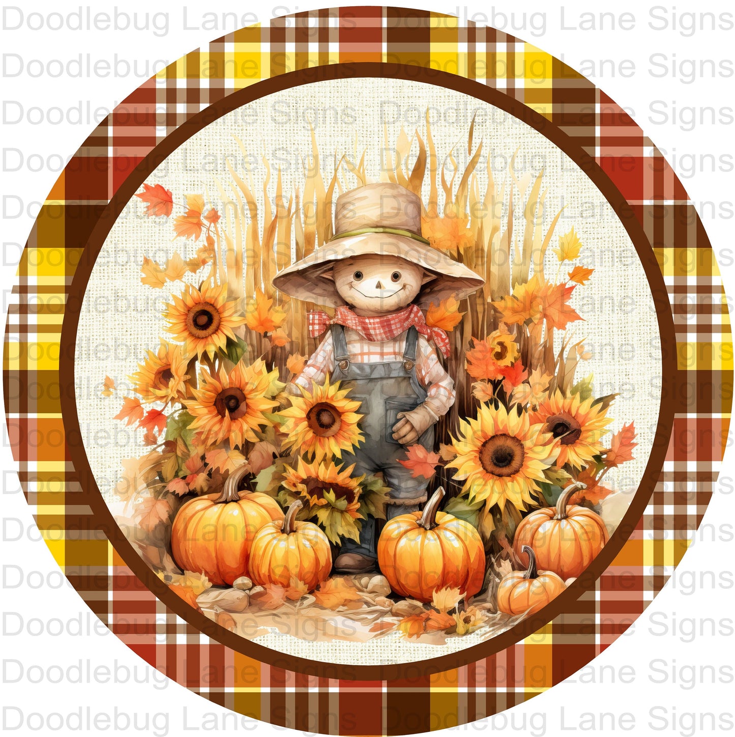 Fall Wreath Sign - Scarecrow Sign - Pumpkins And Sunflowers - Fall Plaid - Round Wreath Sign -Metal Wreath Sign