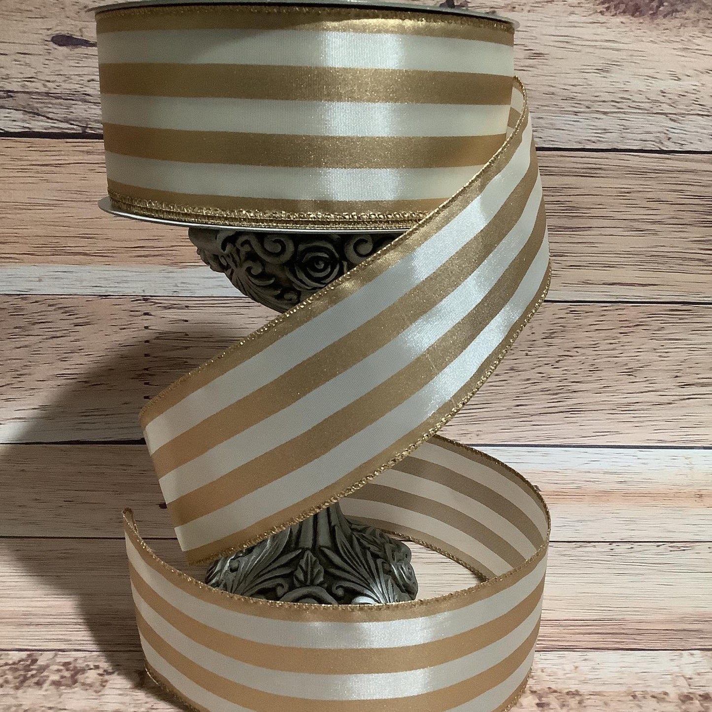 2.5" x 5 Yards Cream And Gold Striped Ribbon - Wired Ribbon - Horizontal Stripe - Ribbon For Bows, Wreaths And Home Decor