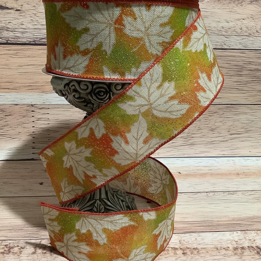 2.5" x 5 Yards Fall Wired Ribbon - Fall Leaves - Fall Colors - Gold Glitter - Ribbon For Bows, Wreaths And Home Decor