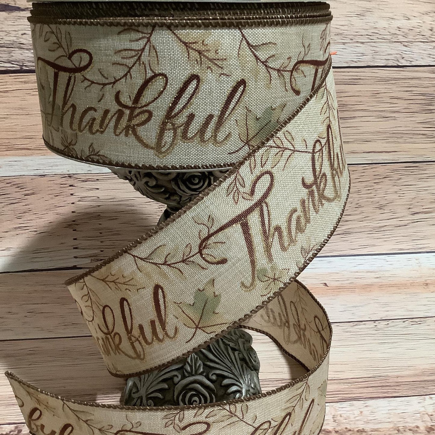 2.5" x 5 Yards Fall Wired Ribbon - Thankful Written In Dark Purple/Plum And Outlined With Gold - Ribbon For Bows, Wreaths And Home Decor