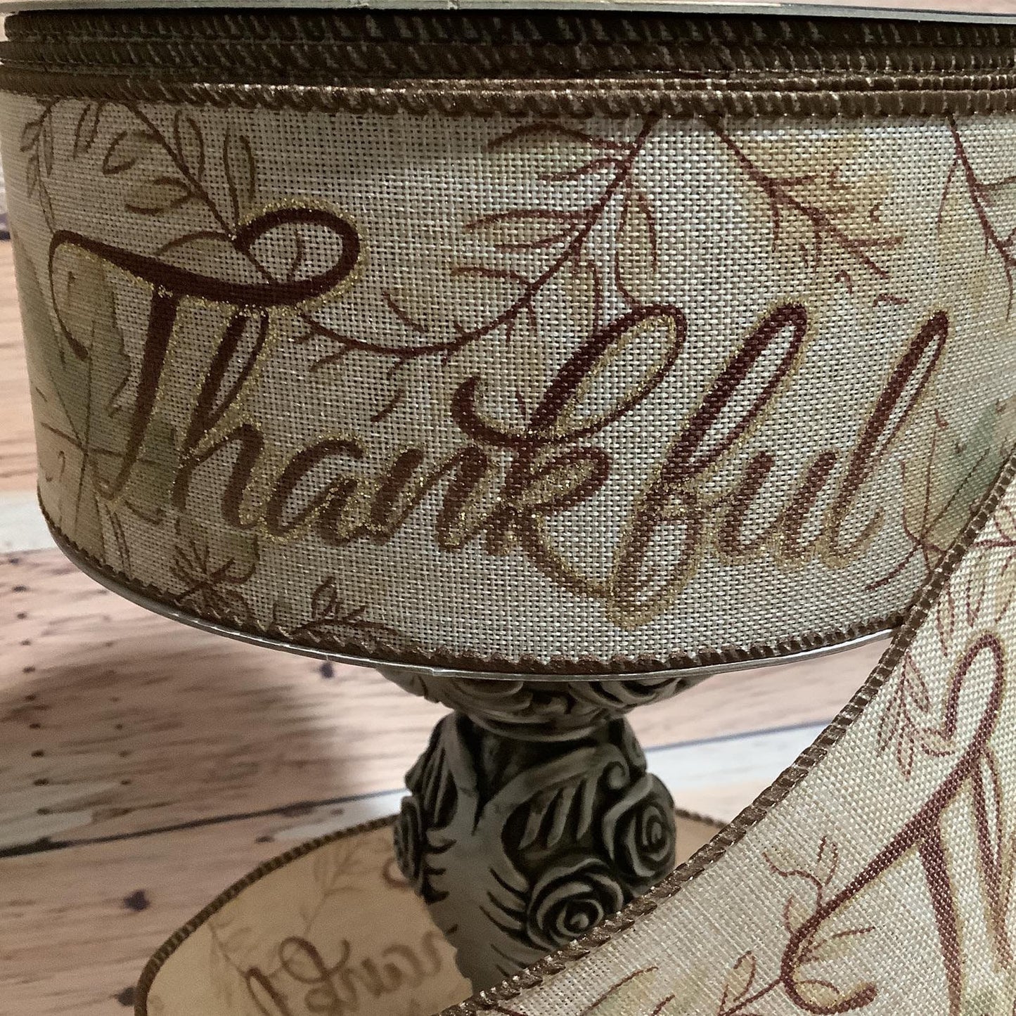 2.5" x 5 Yards Fall Wired Ribbon - Thankful Written In Dark Purple/Plum And Outlined With Gold - Ribbon For Bows, Wreaths And Home Decor