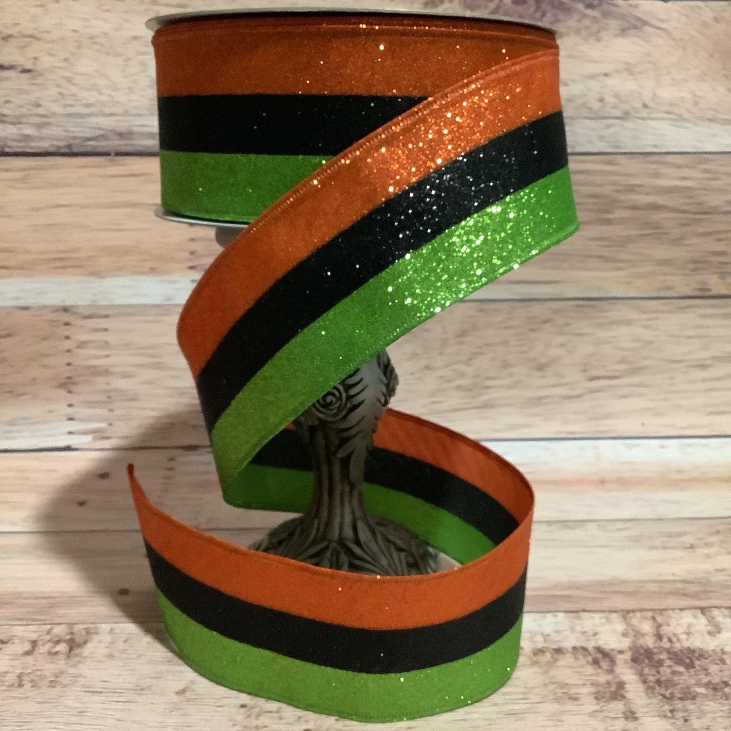 2.5" x 5 Yards Halloween Ribbon - Wired Ribbon - Orange, Green, Black Glittered Horizontal Stripes - Ribbon For Bows, Wreaths And Home Decor