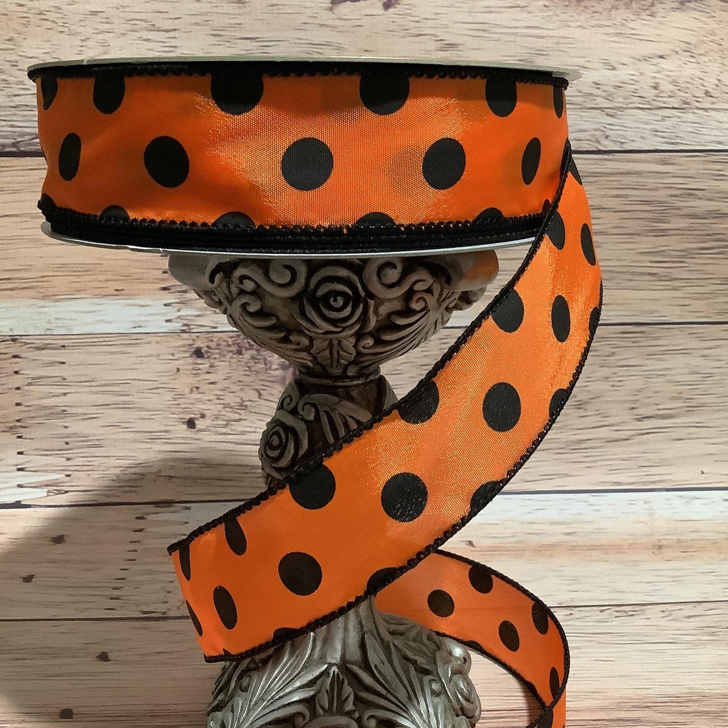 1.5" x 5 Yards Orange With Black Polka Dots Wired Ribbon - Halloween Ribbon - Ribbon For Bows, Wreaths And Home Decor