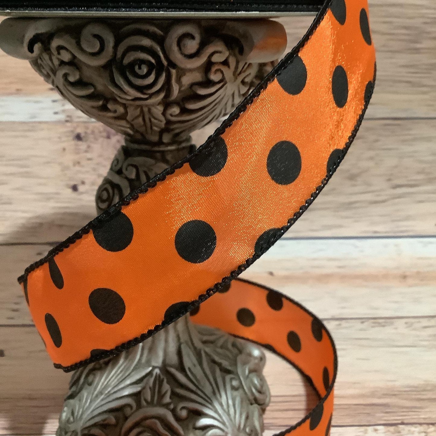 1.5" x 5 Yards Orange With Black Polka Dots Wired Ribbon - Halloween Ribbon - Ribbon For Bows, Wreaths And Home Decor