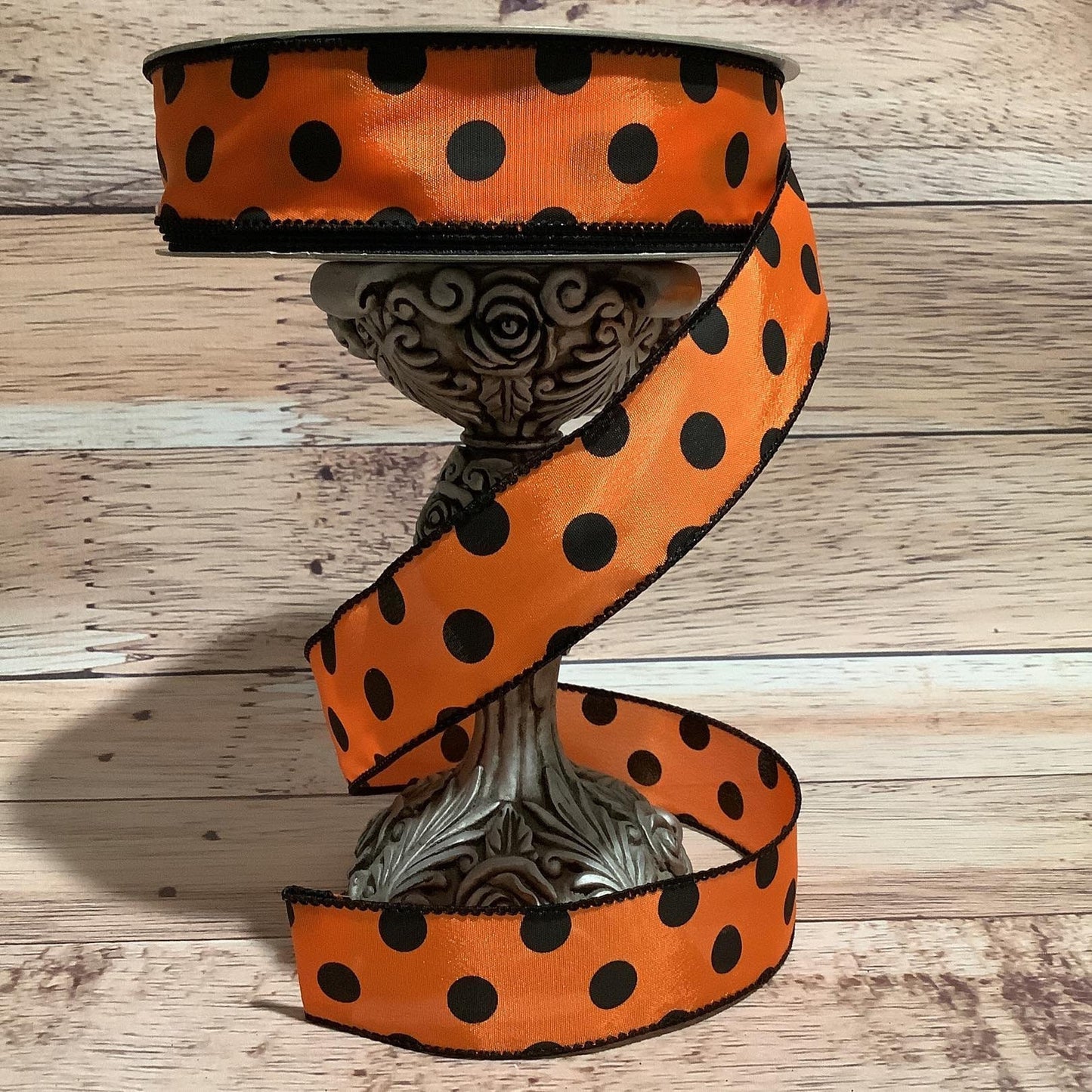 1.5" x 5 Yards Orange With Black Polka Dots Wired Ribbon - Halloween Ribbon - Ribbon For Bows, Wreaths And Home Decor