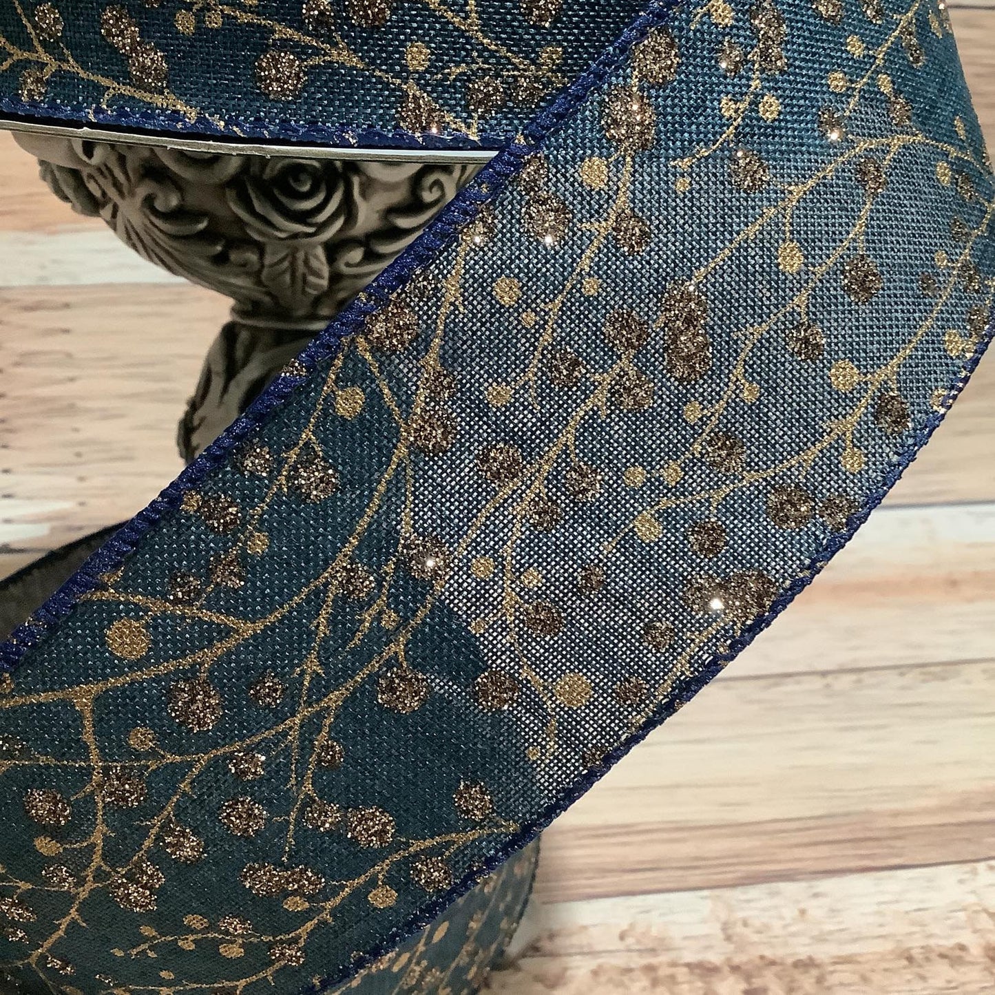 2.5" x 5 Yards Navy Blue Wired Ribbon - Gold Glitter Berries - Fall Ribbon - Ribbon For Bows, Wreaths And Home Decor