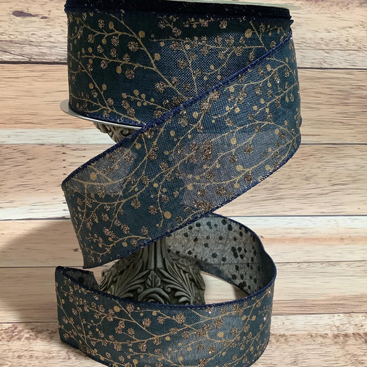 2.5" x 5 Yards Navy Blue Wired Ribbon - Gold Glitter Berries - Fall Ribbon - Ribbon For Bows, Wreaths And Home Decor