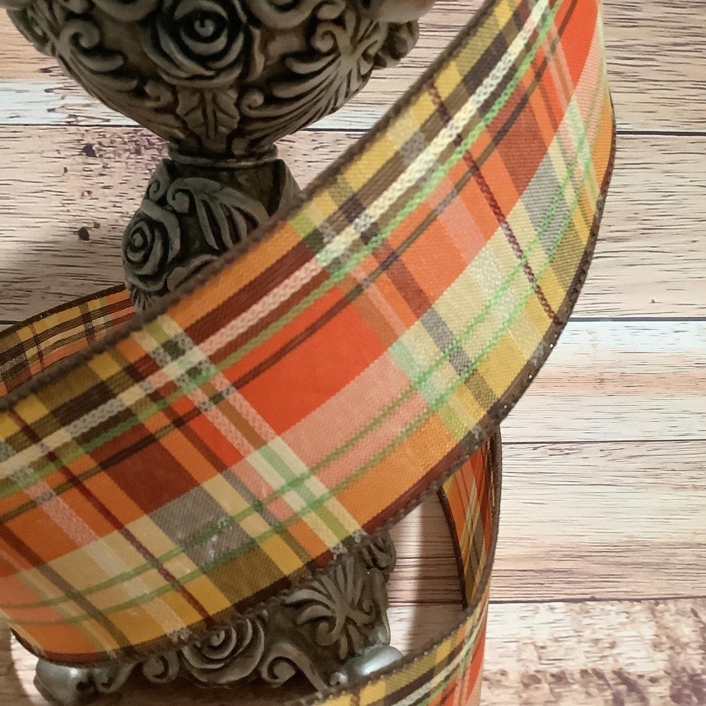 2.5" x 5 Yards Fall Wired Ribbon - Yellow, Orange, Brown And Green Plaid Ribbon - Ribbon For Bows, Wreaths And Home Decor