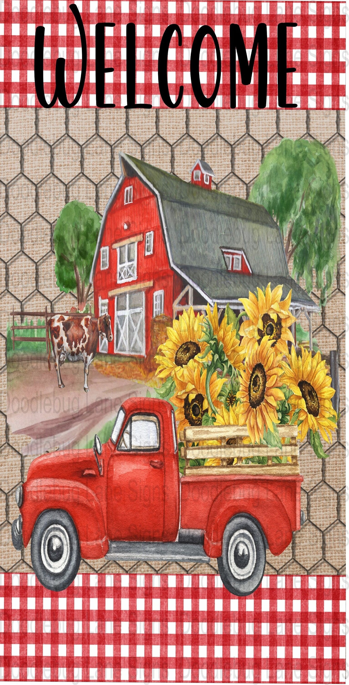 Welcome Wreath Sign - Farm/Country Sign - Red Truck-Red Gingham Print-Sunflowers-Rectangle Sign-Metal Wreath Sign