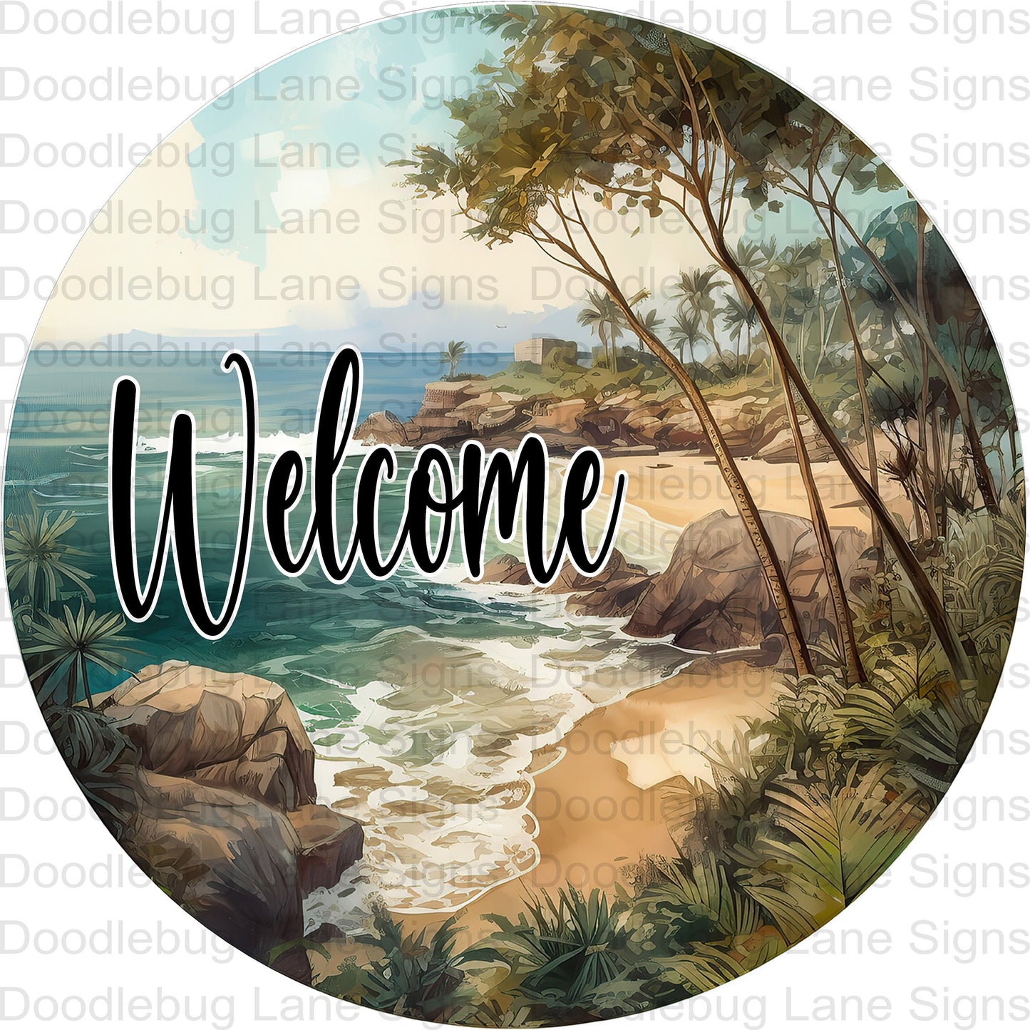 Welcome Wreath Sign - Beach Sign - Round Wreath Sign - Metal Wreath Sign