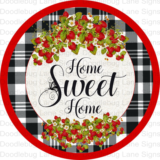 Home Sweet Home Wreath Sign - Strawberry Sign - Black And Red - Round Wreath Sign - Metal Wreath Sign