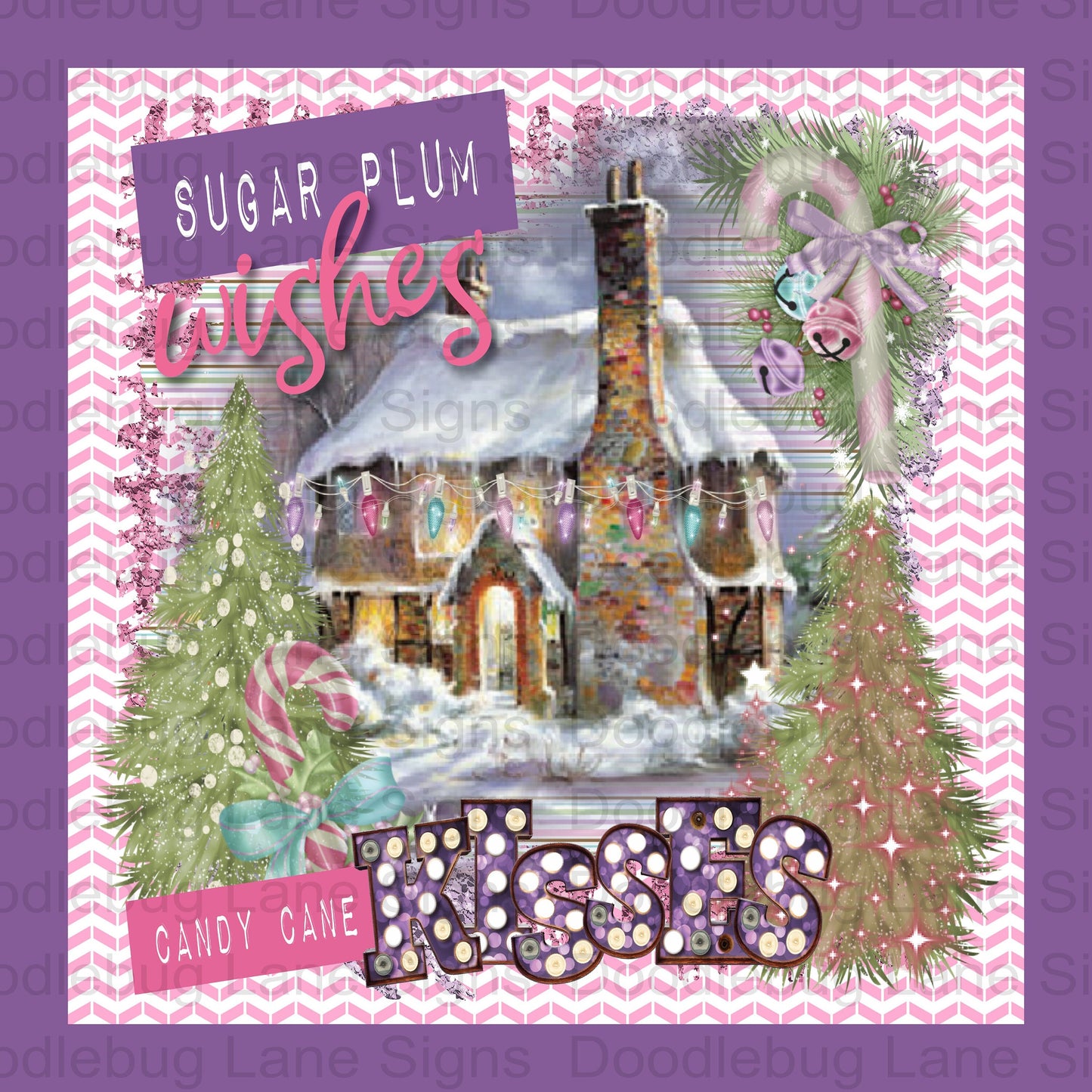 Sugar Plum Wishes Candy Cane Kisses-Winter Wreath Sign-Christmas Sign-Pink And Purple-Square Sign-Metal Wreath Sign