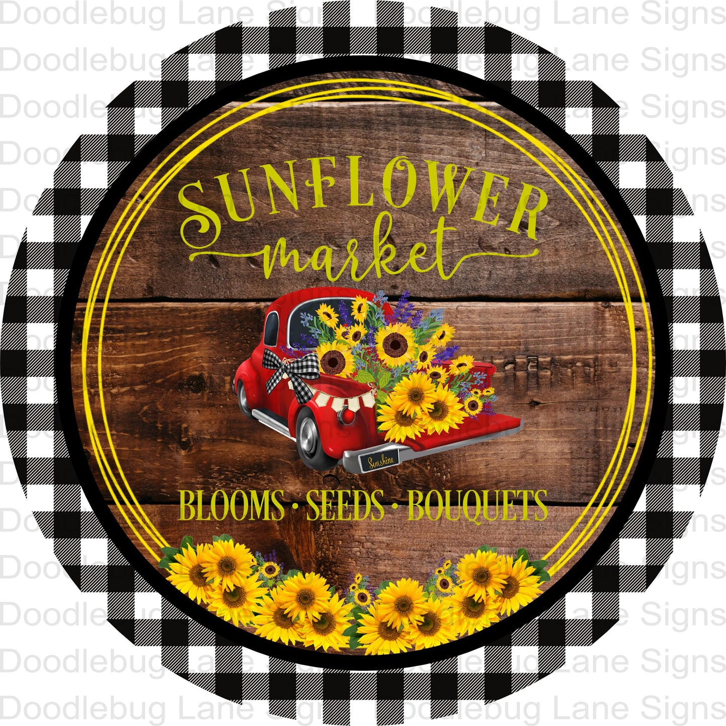 Sunflower Market Wreath Sign - Red Truck Sign - Sunflowers - Buffalo Plaid - Round Wreath Sign - Metal Wreath Sign