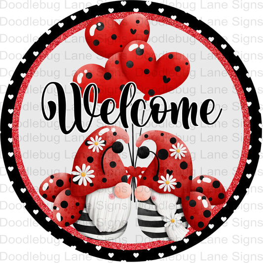 Ladybug Gnome Wreath Sign-Black And Red-Welcome Sign-Heart Balloons-White Daisies-Round Wreath Sign-Metal Wreath Sign