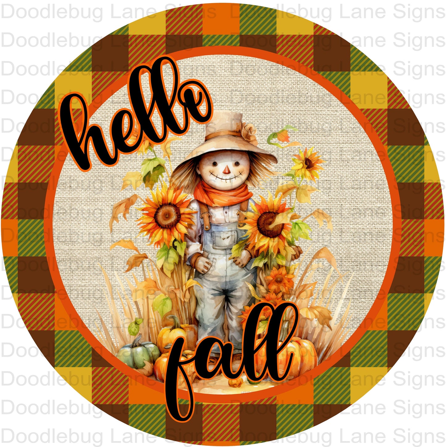 Fall Wreath Signs - Hellow Fall Scarecrow Sign - Round Wreath Sign - Metal Wreath Sign