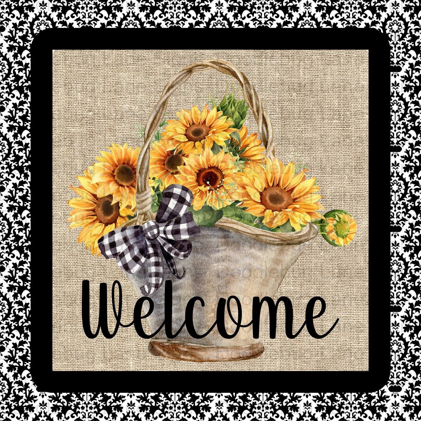 Welcome Wreath Sign - Sunflower Bouquet - Metal Bucket Of Sunflowers - Square Wreath Sign - Metal Wreath Sign