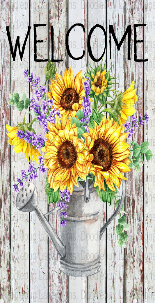 Welcome Wreath Sign - Watering Can Floral Arrangement - Sunflower And Lavender - Rectangle Sign - Metal Wreath Sign