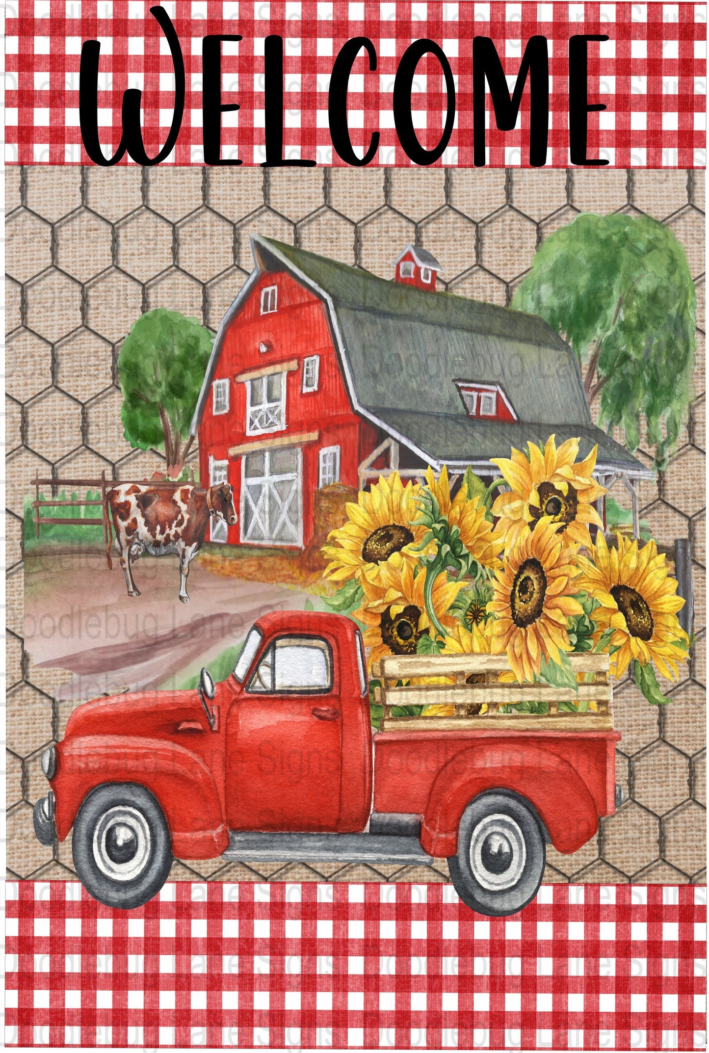 Welcome Wreath Sign - Farm/Country Sign - Red Truck-Red Gingham Print-Sunflowers-Rectangle Sign-Metal Wreath Sign