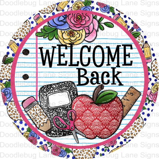 Welcome Back To School Wreath Sign - School Supplies-Pencil And Paper-Round Wreath Sign - Metal Wreath Sign