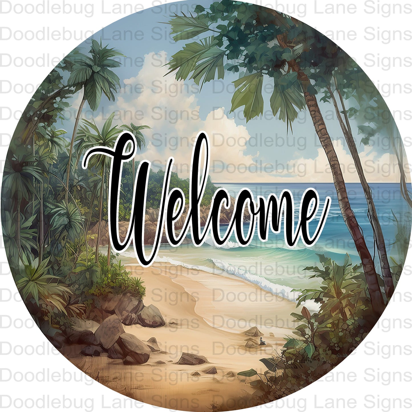 Welcome Wreath Sign - Beach Sign - Summer Wreath Sign - Round Sign - Metal Wreath Sign