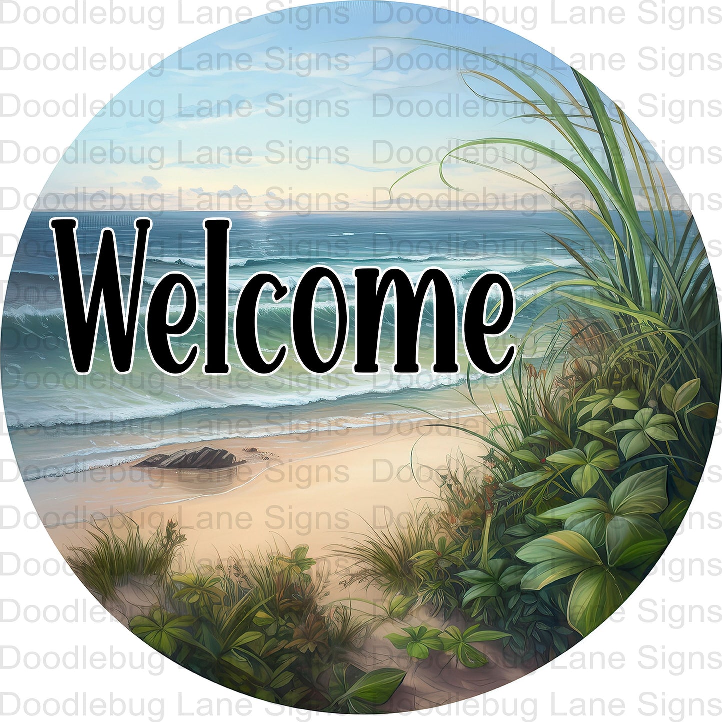 Welcome Wreath Sign - Beach Theme Sign - Summer Wreath Sign - Round Sign - Metal Wreath Sign