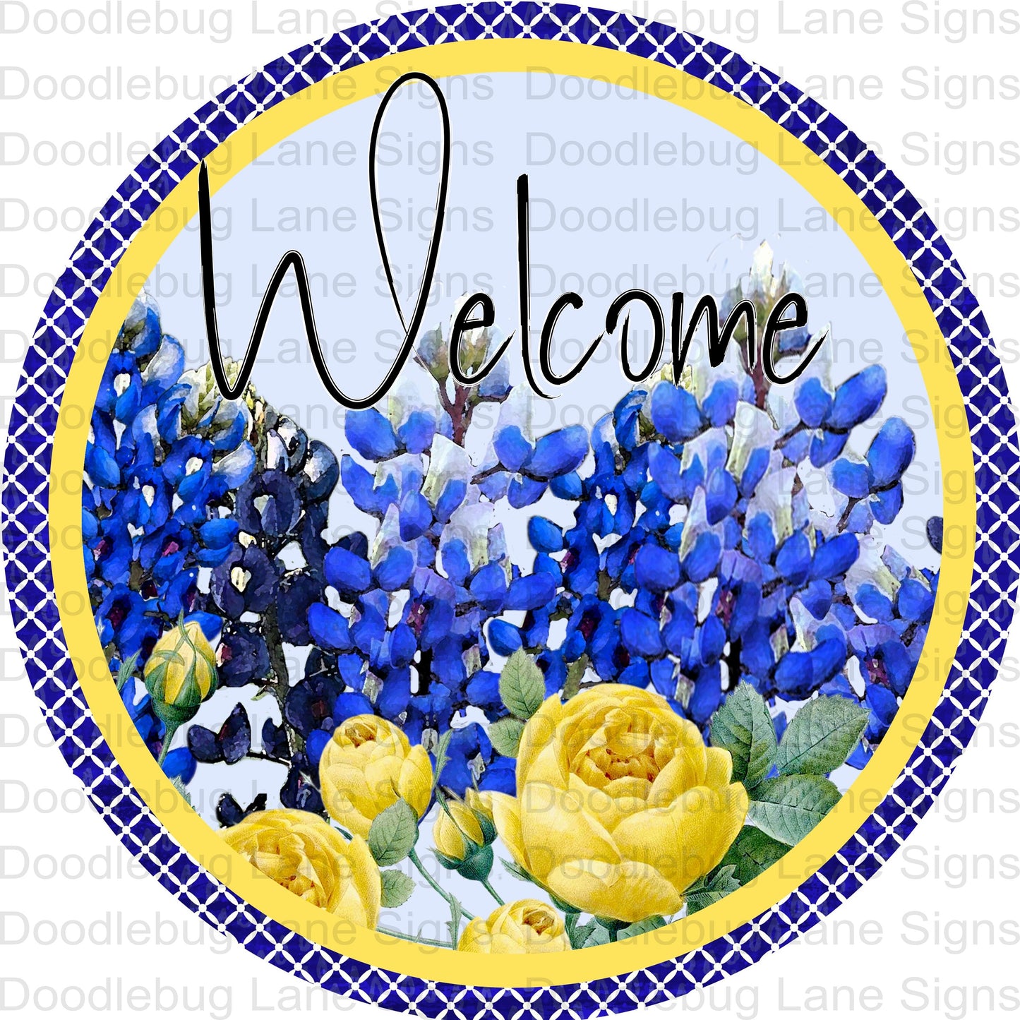 Welcome Wreath Signs - Blue And Yellow - Floral Welcome Wreath Sign - Round Wreath Sign - Metal Wreath Sign