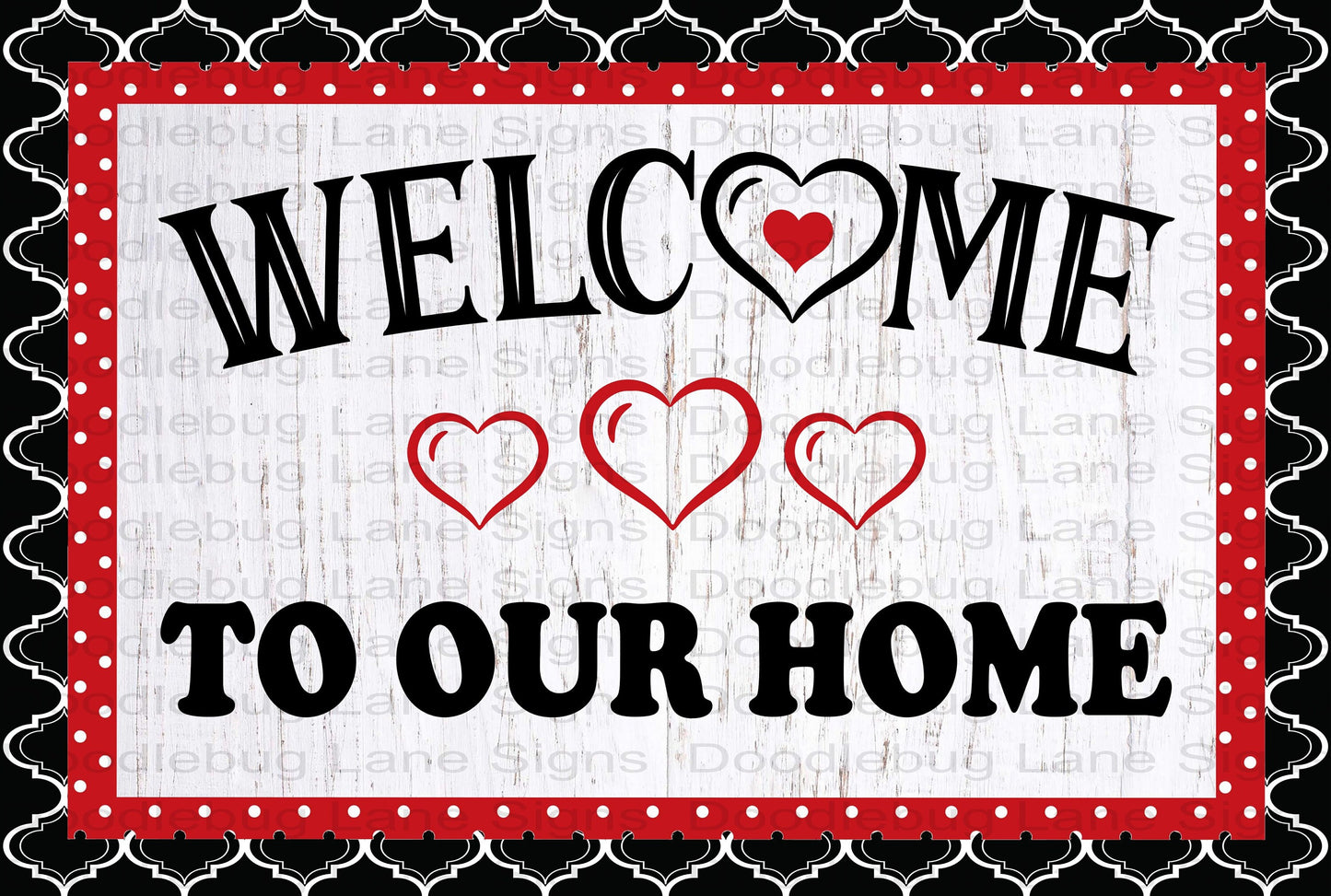 Welcome To Our Home Wreath Sign - Black And Red - Red Hearts-Polka Dots - Rectangle Wreath Sign - Metal Wreath Sign