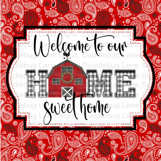 Welcome To Our Home Sweet Home Wreath Sign - Farmhouse Wreath Decor - Square Sign - Metal Wreath Sign