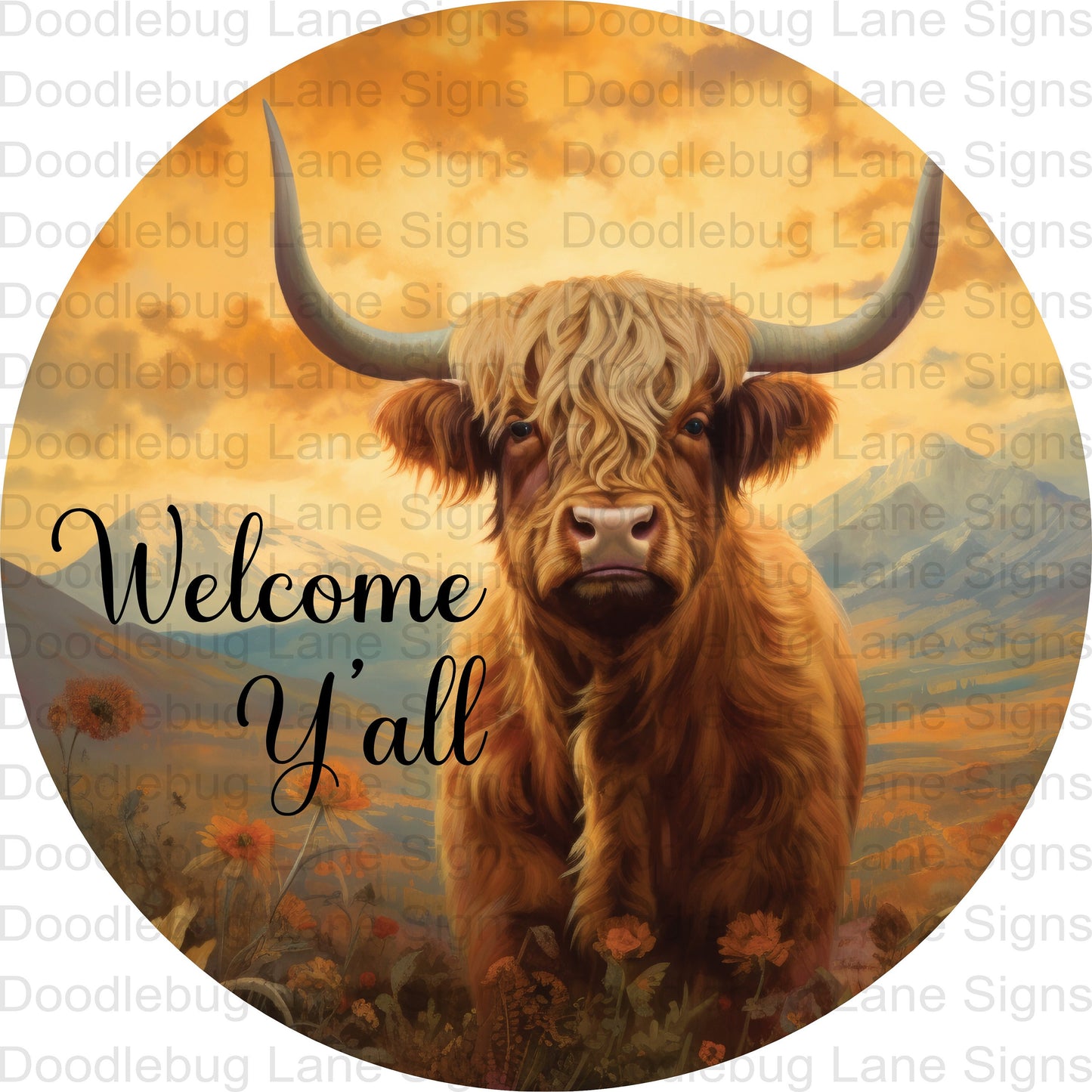 Welcome Y'all Highland Cow Wreath Sign Welcome Cow Sign-Farmhouse Wreath Decor-Round Wreath Sign-Metal Wreath Sign