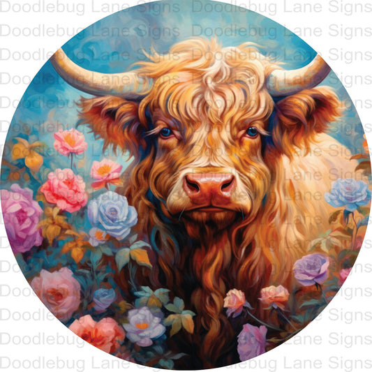 Highland Cow Wreath Sign - Floral Sign - Farmhouse Wreath Sign - Round Wreath Sign - Metal Wreath Sign