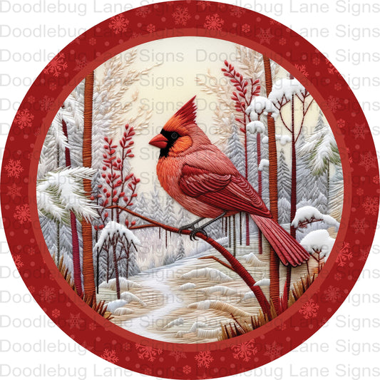 Cardinal Wreath Sign - Winter Cardinal Sign - Christmas Cardinal Sign - Round Wreath Sign