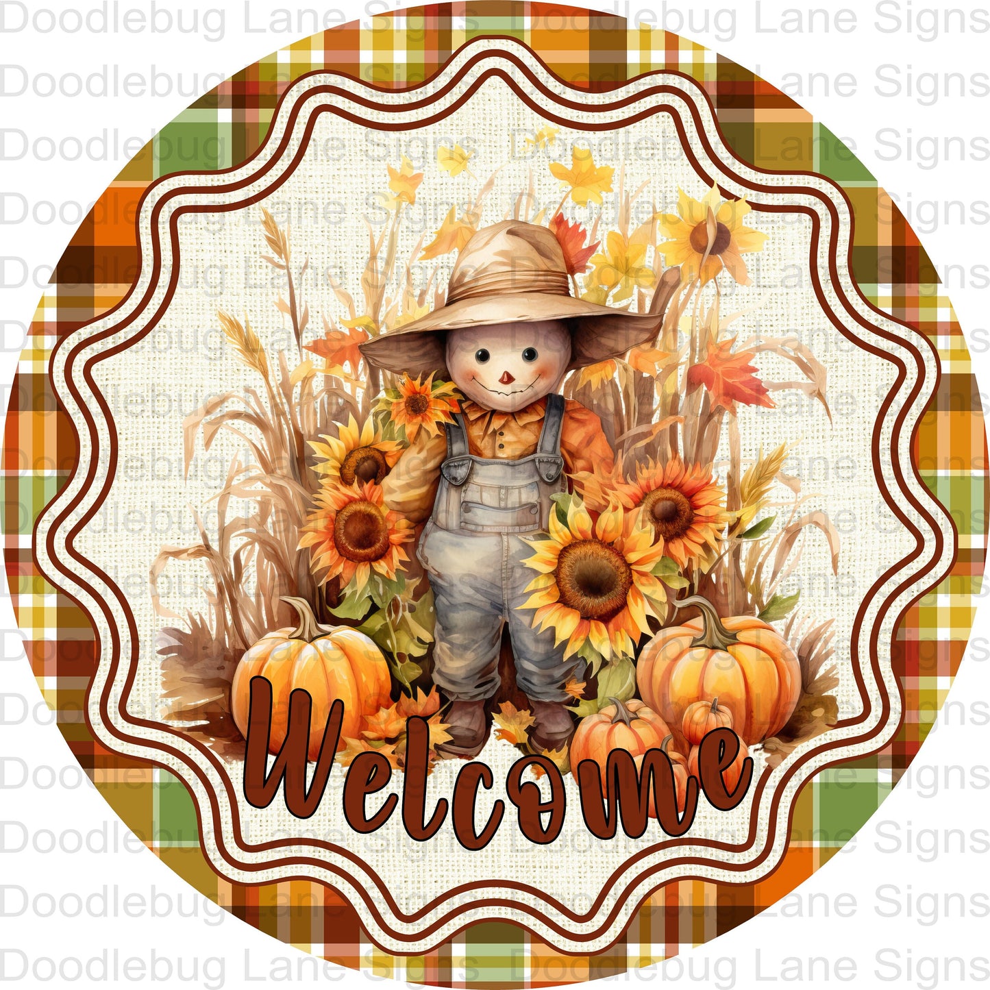 Fall Welcome Wreath Sign - Scarecrow Sign - Pumpkins And Sunflowers - Round Wreath Sign - Metal Wreath Sign