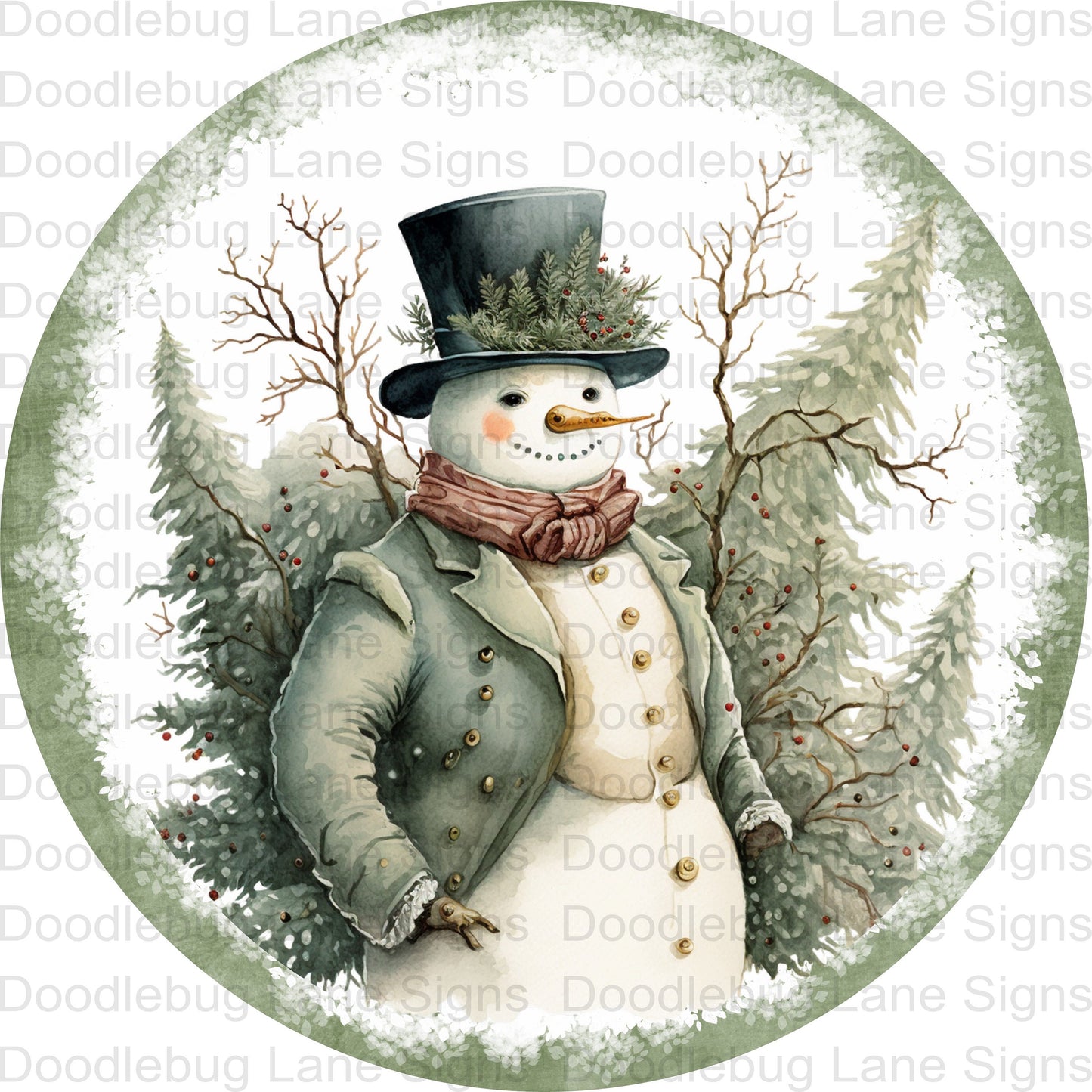 Snowman Wreath Sign - Victorian Snowman - Sage Green And White - Round Wreath Sign - Metal Wreath Sign