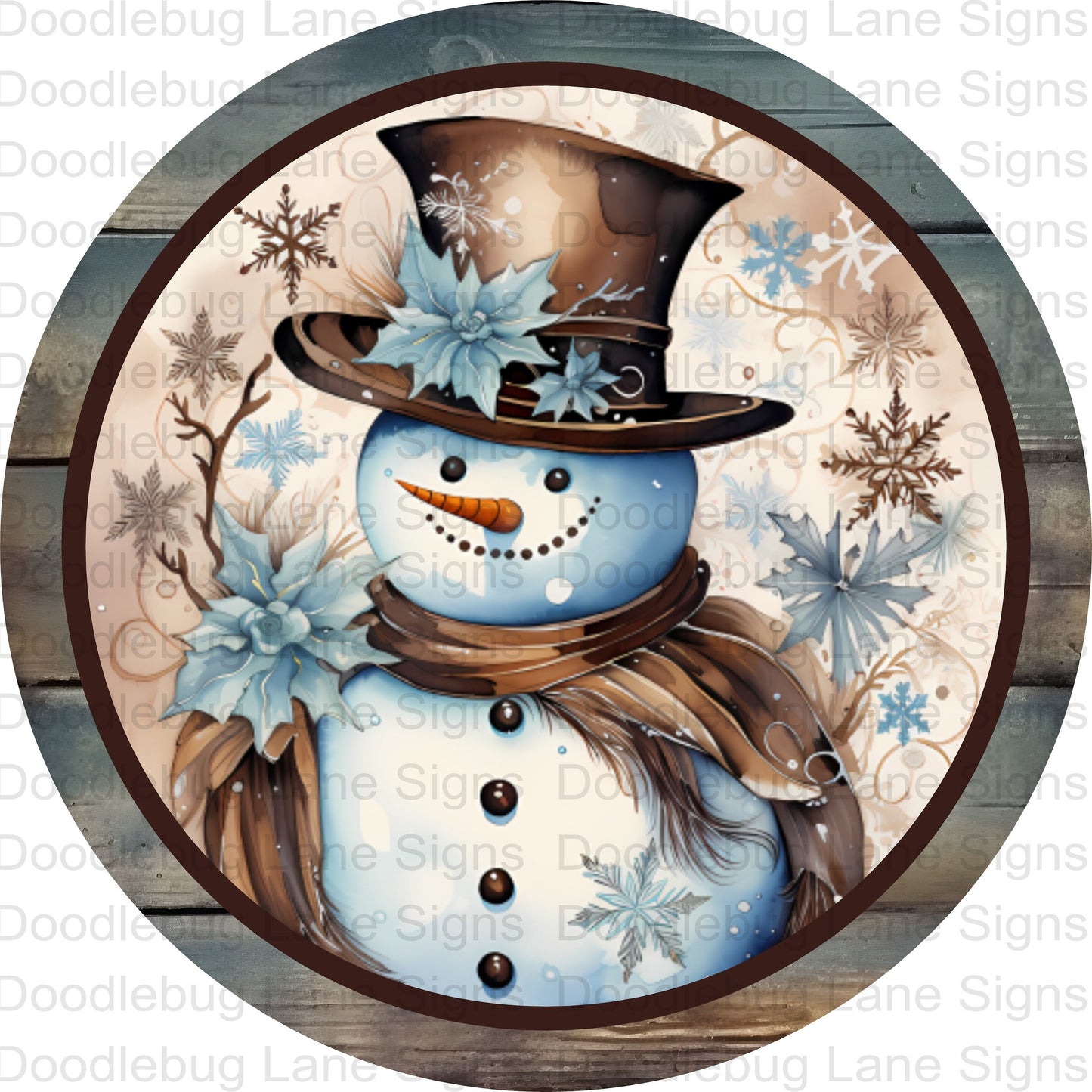 Snowman Wreath Sign - Faux Wood - Blue And Brown - Winter Wreath Sign - Round Sign - Metal Wreath Sign