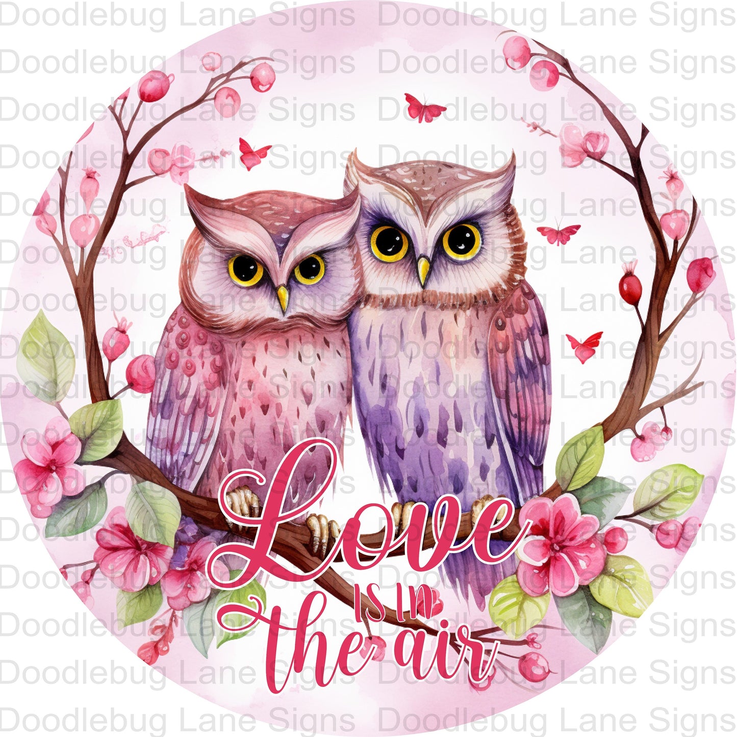 Love Is In The Air Wreath Sign - Valentines Day Decor - Owl Wreath Sign - Valentine Owls - Round Wreath Sign - Metal Wreath Sign