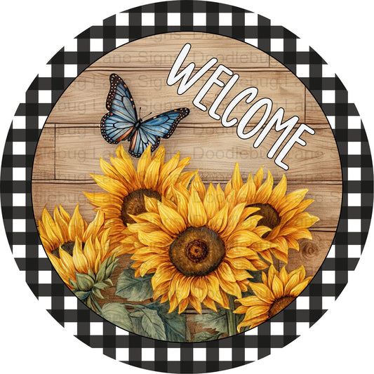 Welcome Wreath Sign- Sunflowers And Butterfly Sign - Faux Wood Sign - Round Wreath Sign - Metal Wreath Sign