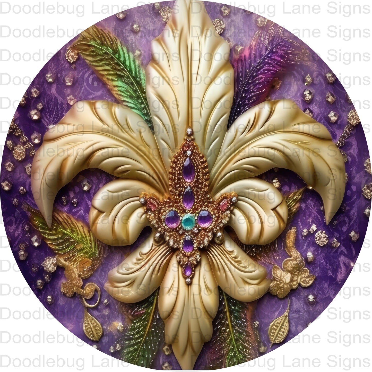 Mardi Gras Wreath Sign - Fleur De Lis - Purple-Gold And Green - Round Wreath Sign - Metal Wreath Sign