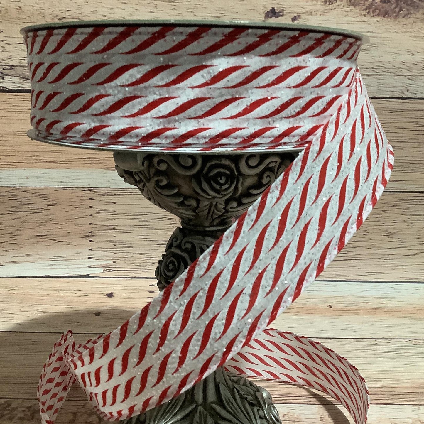 Christmas Wired Ribbon-Horizontal Candy Cane Stripe-Irridescent Glitter - 1.5" x 5 Yards - Ribbon For Bows, Wreaths And Home Decor