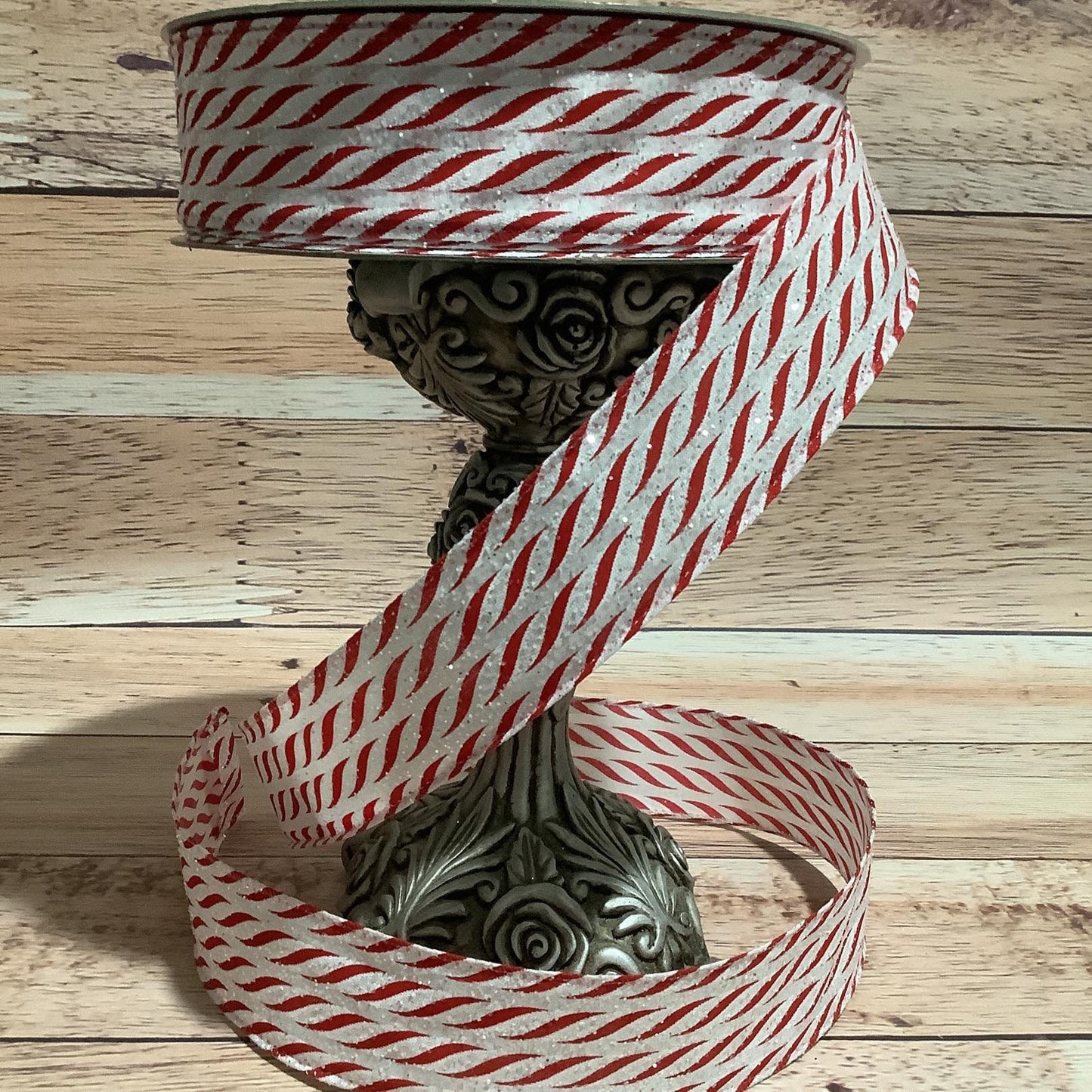 Christmas Wired Ribbon-Horizontal Candy Cane Stripe-Irridescent Glitter - 1.5" x 5 Yards - Ribbon For Bows, Wreaths And Home Decor