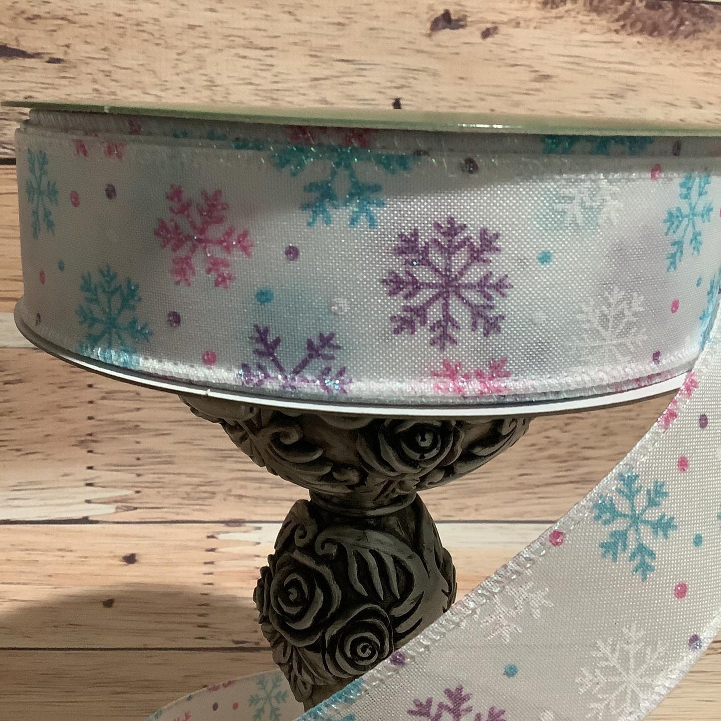 Snowflake Wired Ribbon - Pink-Blue-White And Purple Snowflakes- Irridescent Glitter - 1.5" x 5 Yards Wired Ribbon