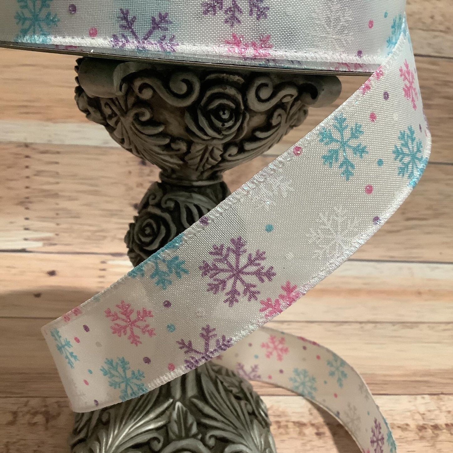 Snowflake Wired Ribbon - Pink-Blue-White And Purple Snowflakes- Irridescent Glitter - 1.5" x 5 Yards Wired Ribbon