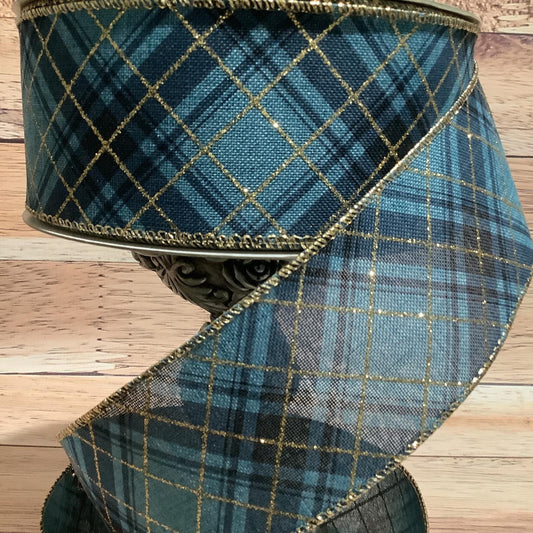 Blue And Gold Plaid ribbon - 2.5" x 5 Yards - Wired Ribbon - Ribbon For Bows, Wreaths And Home Decor