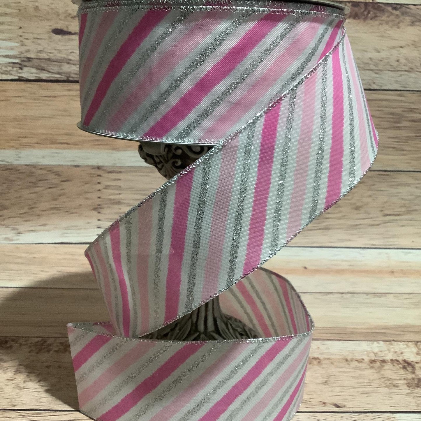 Pink And Silver Diagonal Striped Ribbon - Silver Glitter - 2.5" x 5 Yards Wired Ribbon - Ribbon For Bows, Wreaths And Home Decor