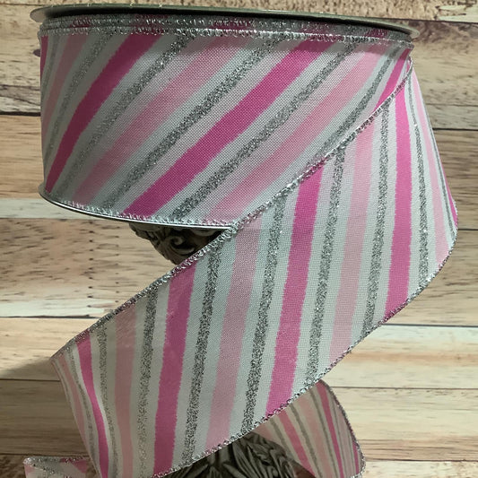 Pink And Silver Diagonal Striped Ribbon - Silver Glitter - 2.5" x 5 Yards Wired Ribbon - Ribbon For Bows, Wreaths And Home Decor