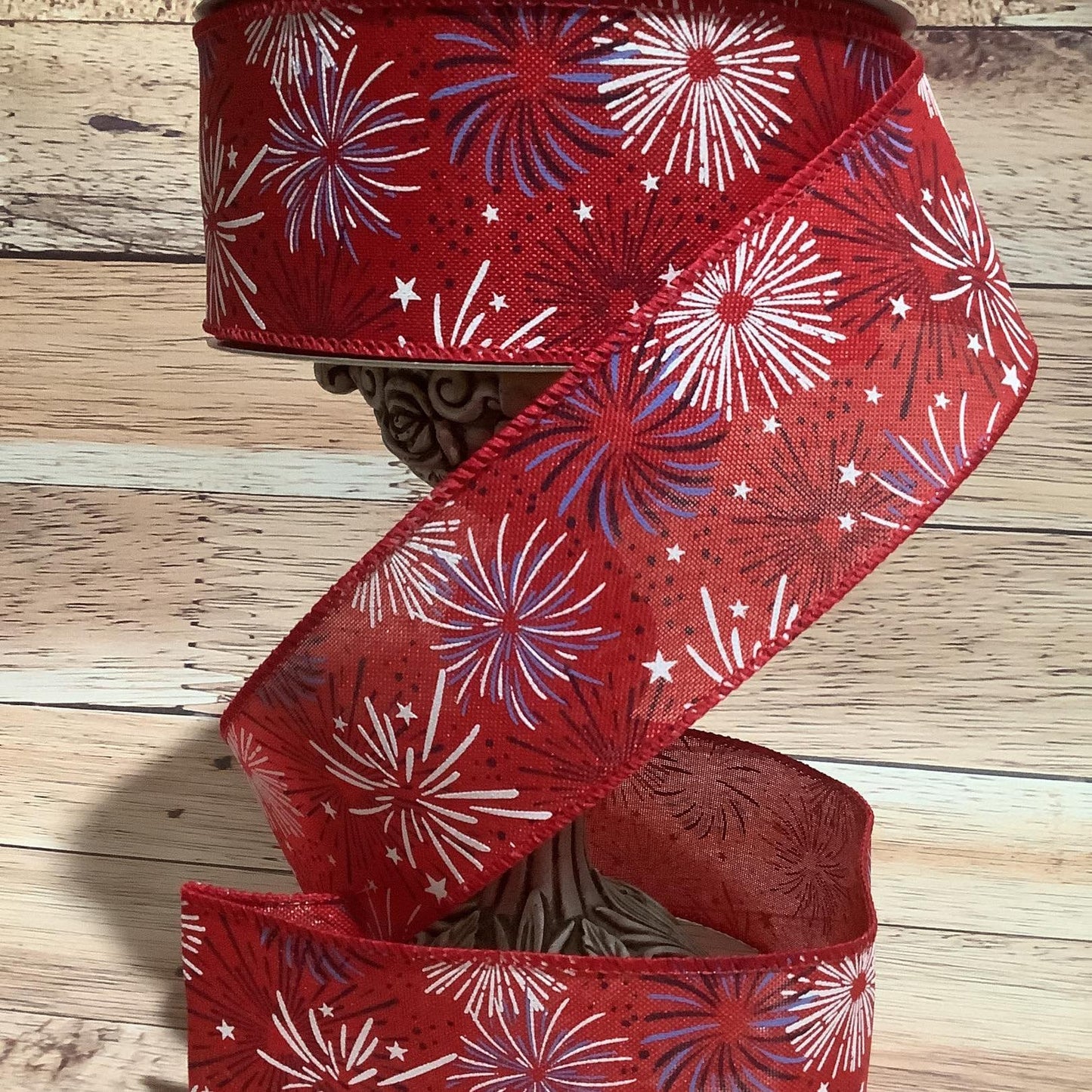 2.5" x 5 Yards Patriotic Ribbon - Wired Ribbon - Red-White And Blue Starbursts - Ribbon For Bows, Wreaths And Home Decor