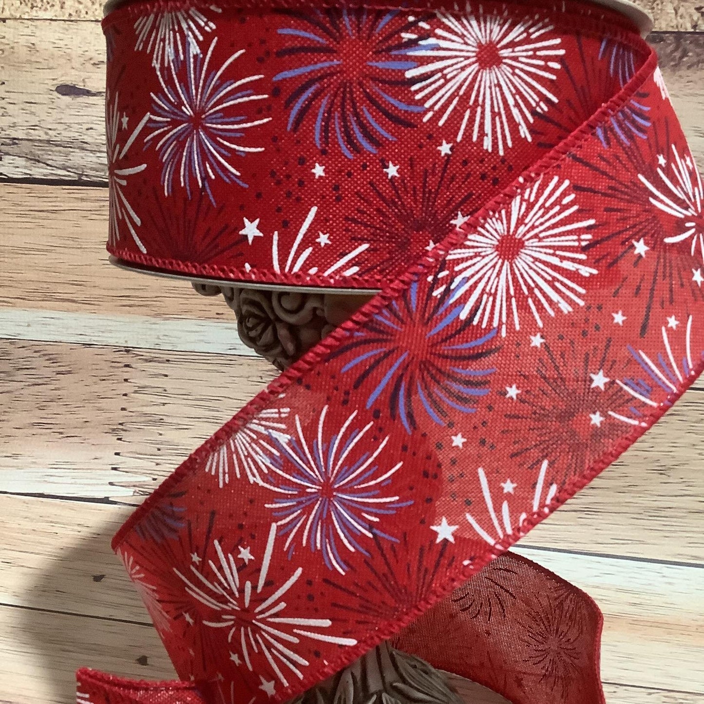 2.5" x 5 Yards Patriotic Ribbon - Wired Ribbon - Red-White And Blue Starbursts - Ribbon For Bows, Wreaths And Home Decor