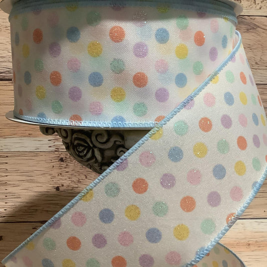 2.5" x 5 Yards Polka Dot Ribbon - Pastel Colored Dots  With Irridescent Glitter- Spring Ribbon - Easter Ribbon - Wired Ribbon